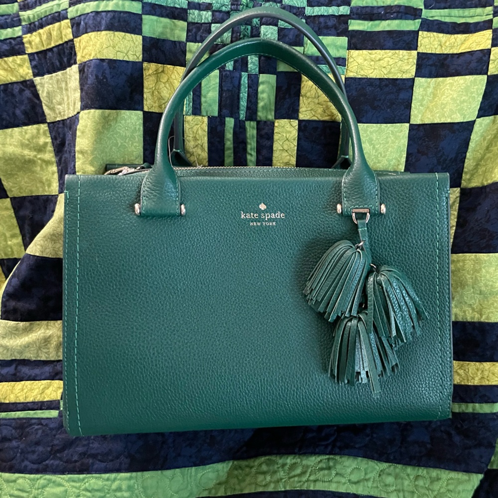 Kate Spade NWT Emerald Green Leather Palmer Drive Satchel Bag w/ Fringe Pom Poms